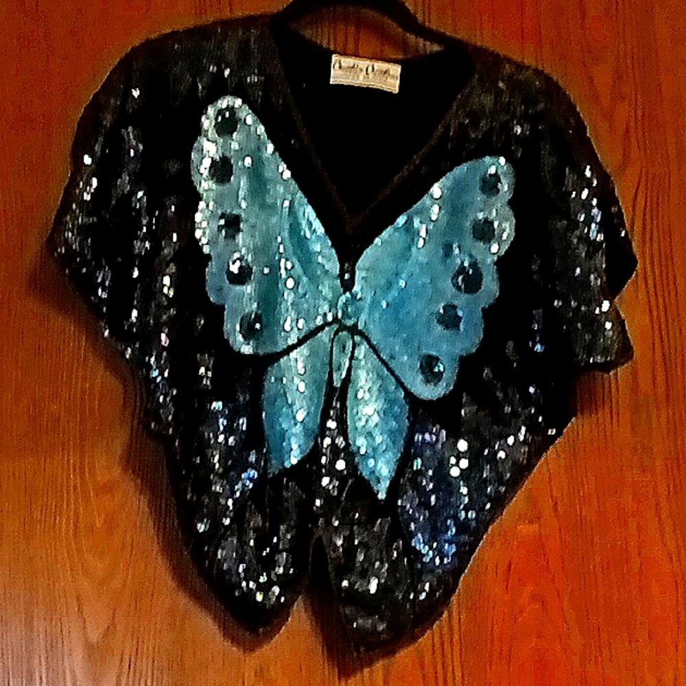 💙Vintage sequin beaded cocktail  butterfly blouse  top, 70's- 80's
